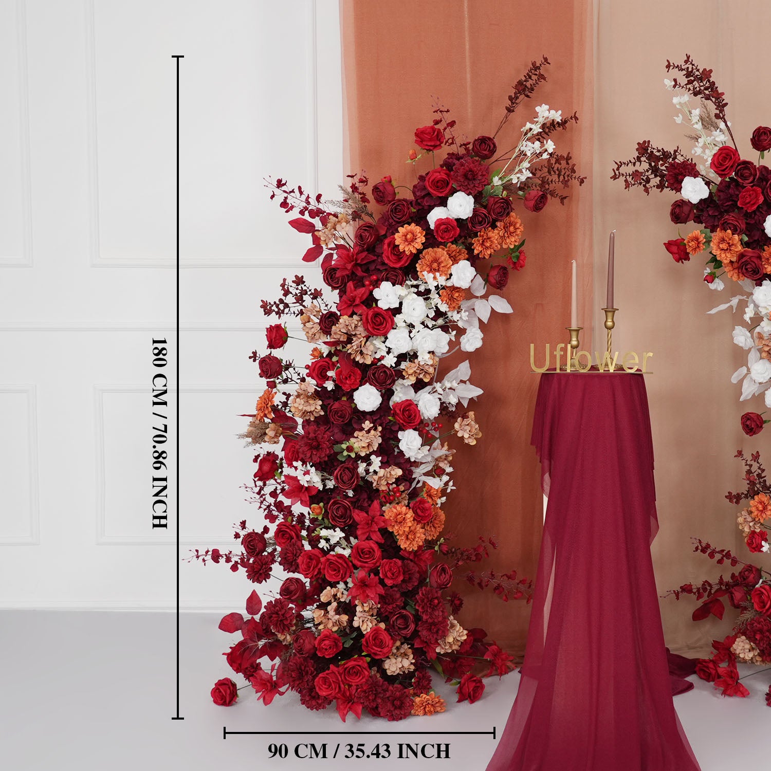 Uflower Autumn Red Rose Floral Arrangement Horn Arch Wedding Backdrop Decor